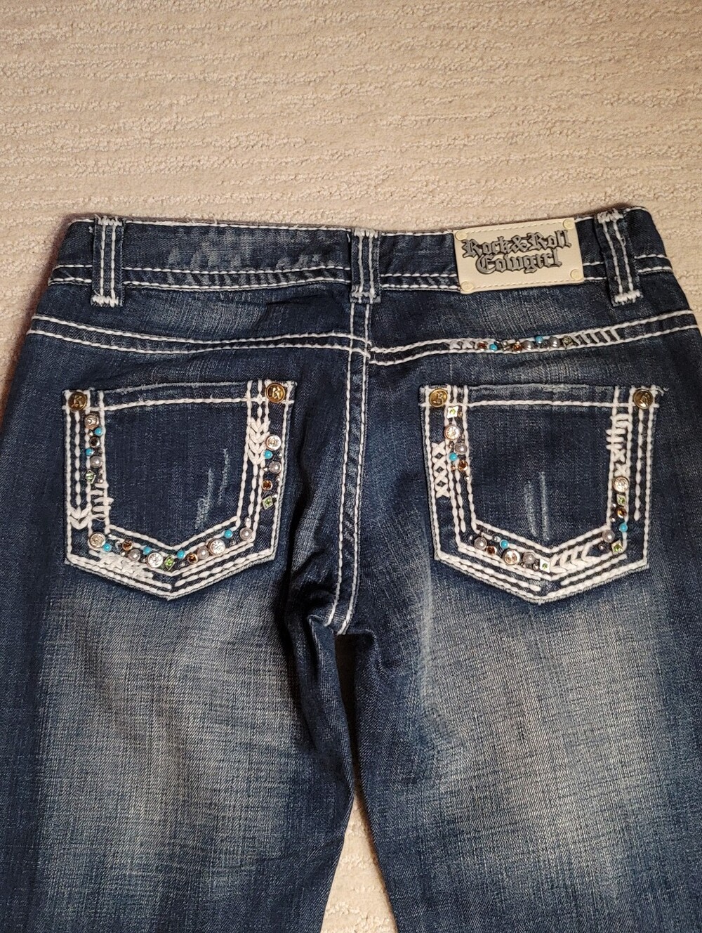 Rock & Roll Cowgirl Dark Blue Jeans with Turquoise & Silver Embellished Pockets